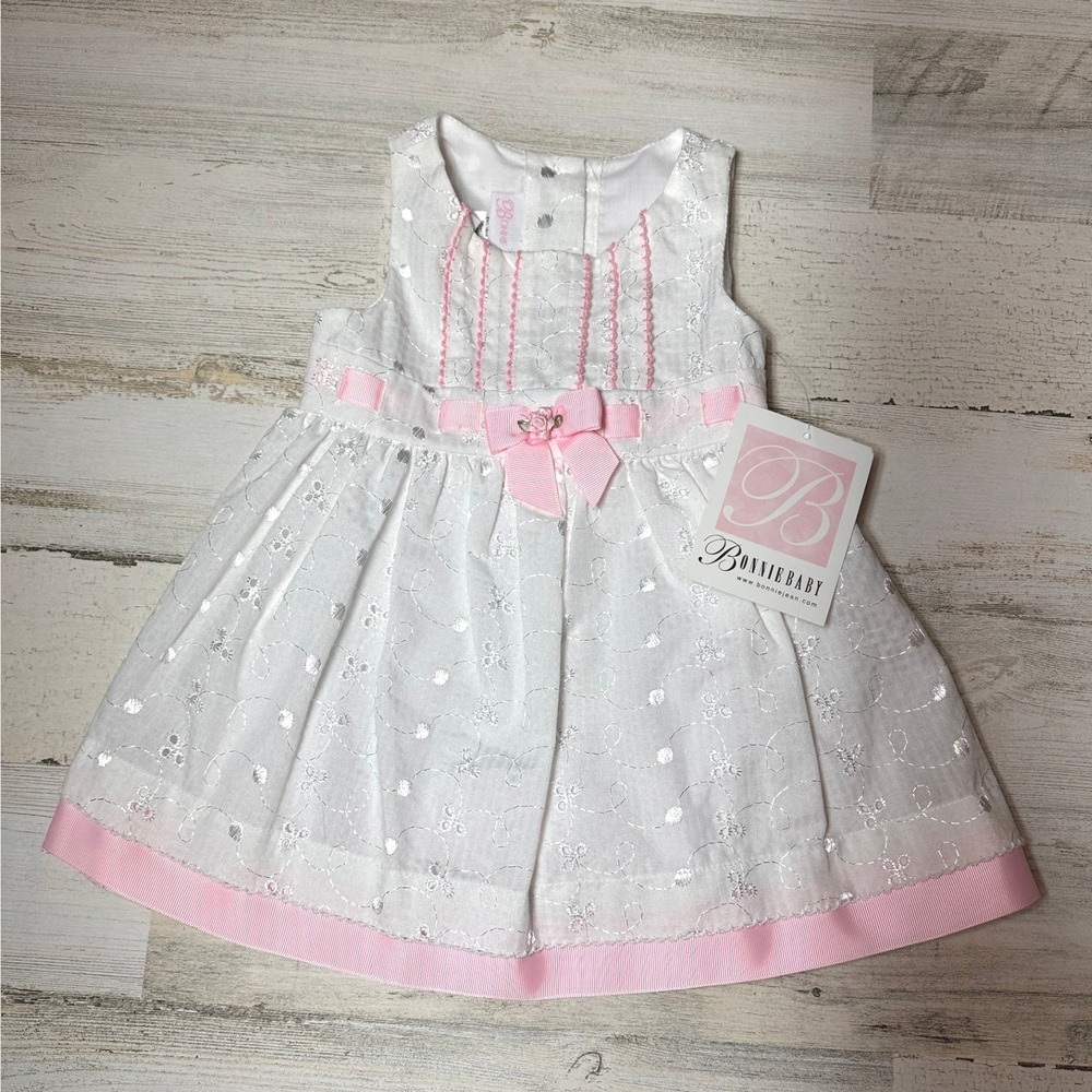 Bonnie Baby Embroidered Dress Kids 12M White Pink NEW Floral Ribbon R57443-PV - Picture 1 of 7